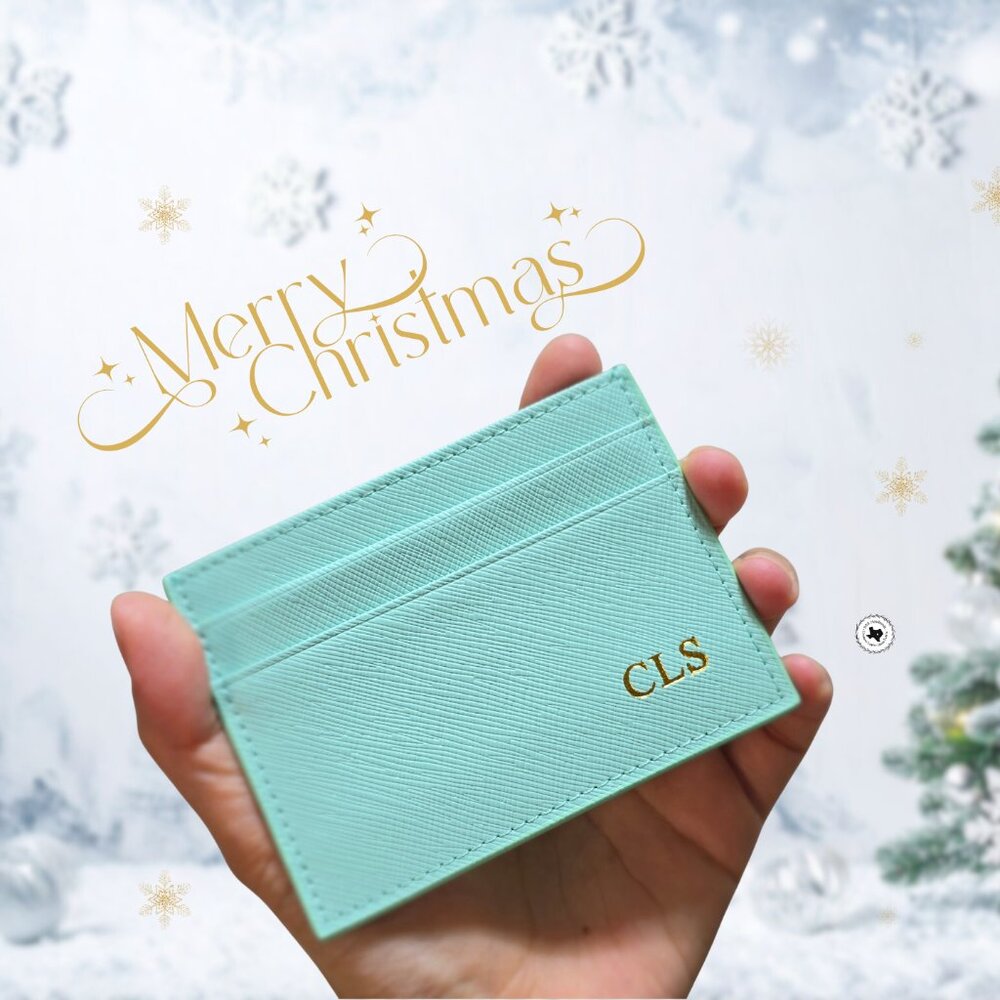 Personalized Mint Teal Leather Card Holder | Free Christmas Gift Wrapping